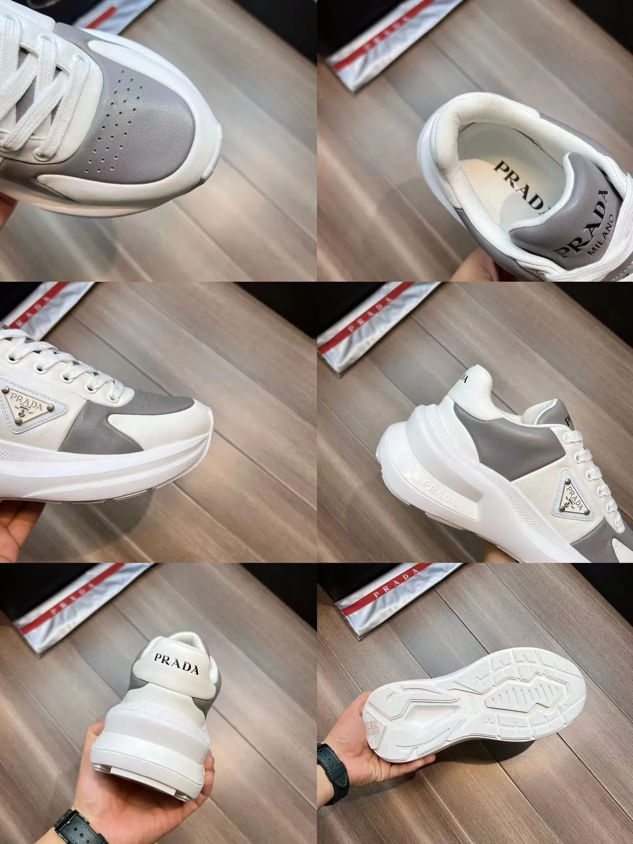 P440 Prad* men's new soft leather casual sneakers. This sneaker is made of Napa cowhide. The leather is soft and fine, with a natural texture, which improves breathability. The outer side is coated with an enamel metal triangle logo to embellish the shoe body. The tongue and heel are decorated with brand letter logo details. Ultra-lightweight 6cm concave and convex rubber thick sole with PRADA letter logo on the side and cowhide lining. It feels comfortable on the foot and is exquisite and versatile!